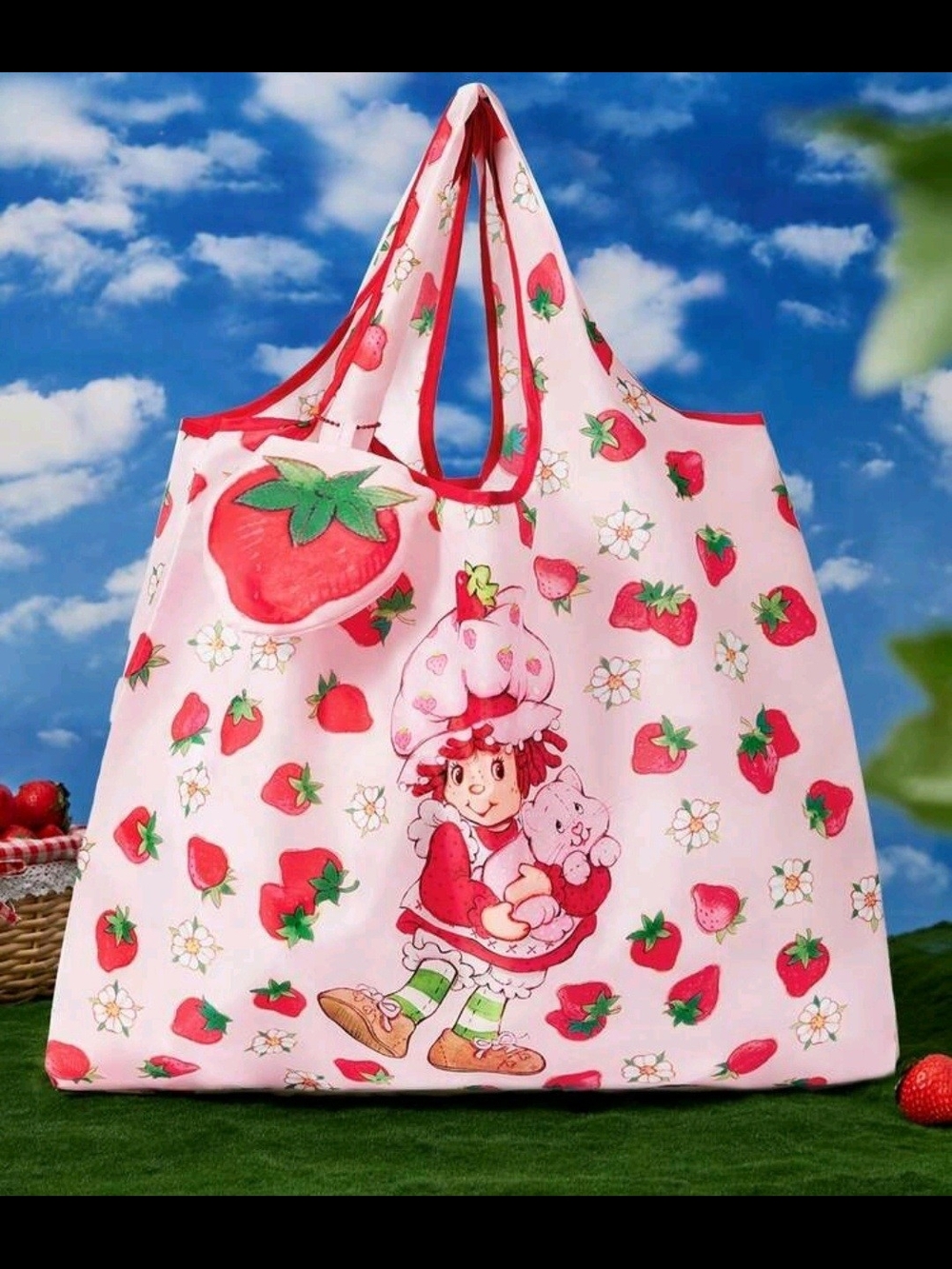 Pink Strawberry Shortcake Print Tote Bag